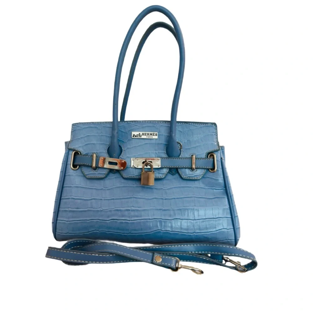 Light Blue Croc-Embossed Satchel with Detachable Strap